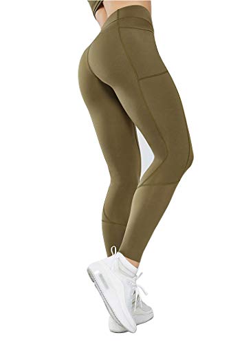 Pantalon de yoga pour femme avec poches kaki taille L legging de sport taille haute
