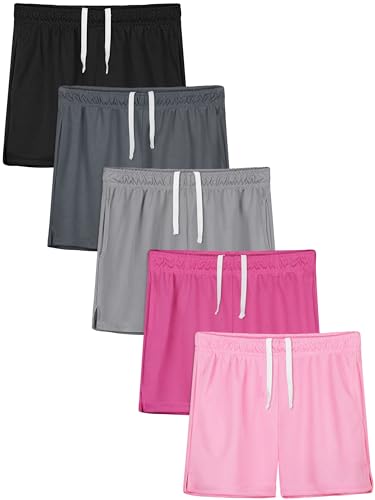 Resinta Pacote com 5 shorts de malha para meninas, shorts de basquete de secagem rápida com bolso co