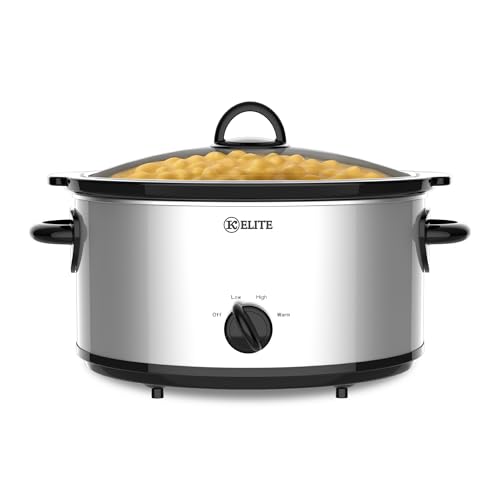 Image of Kitchen Elite 6 Quart Slow Cooker for Large Families, Stainless Steel Crock Pot with 3 Heat Settings, Dishwasher-Safe Ceramic Pot & Tempered Glass Lid