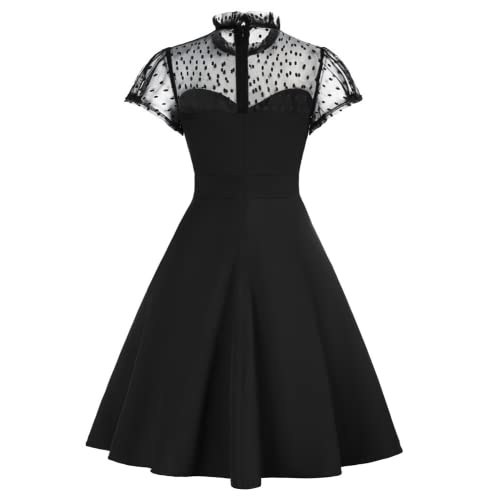 Women's Plus Size Vintage Polka Dot Rockabilly Prom Dress 50'S 60'S A-Line Cocktail Party Swing Dress Size 2Xl Black 361 #TOP1