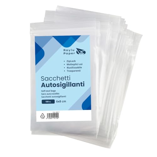 Raylu Paper – Sacchetti in Plastica Richiudibili Trasparenti, 100 Pezzi Sacchetti con Ziplock, Buste Plastica Richiudibili, Applicano a Cucina, Ufficio, Semi di Gioielli (6 x 8 cm)