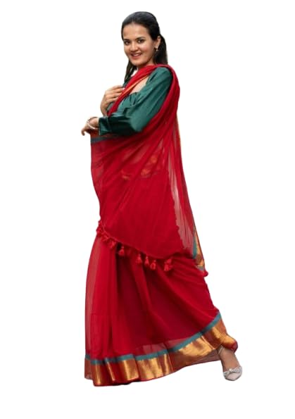 Image of Sudip callection Handloom Mul Cotton Saree for Women - Bottle Green with Pink Border Golden Zari Line & Tassel Pallu