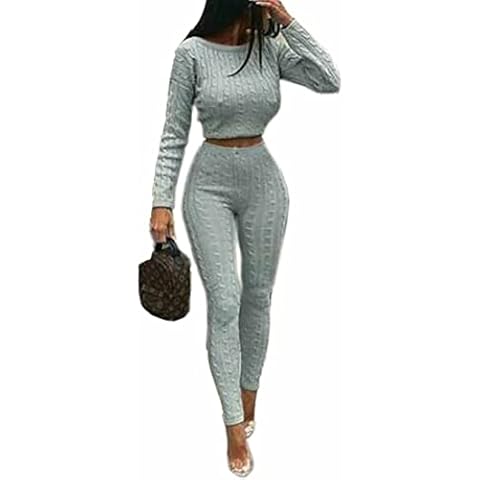 HINA FASHION Women Chunky Cable Knitted Fitted Top and Leggings Set Ladies Co ord Suit Loungewear Tracksuit Silver Grey UK 8-10 Cover