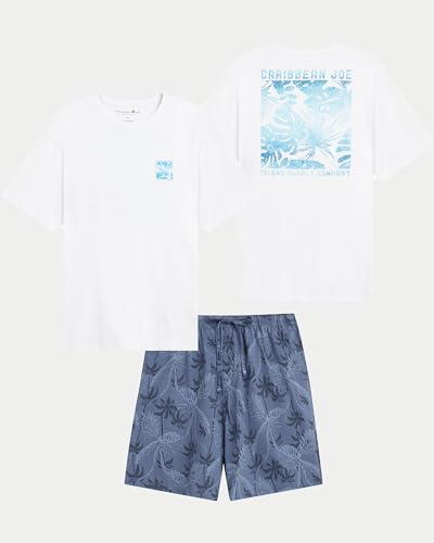 CARIBBEAN JOE Men's Sleep Set, Tropical Fronds Shorts and Blue Crew Neck T-Shirt Pajamas, Lightweight Novelty Pjs2