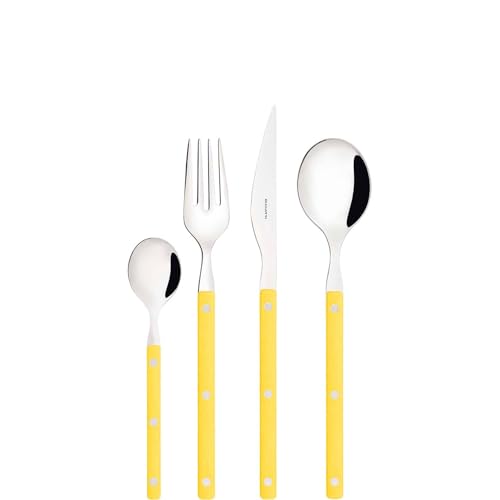 BUGATTI, Allegra, Cubertería de 24 cubiertos Ventana de acero inoxidable 18/10, servicio de cubiertos para 6 personas, incluyendo 6 cucharas, 6 tenedores, 6 cuchillos y 6 cucharaditas. (Amarillo)
