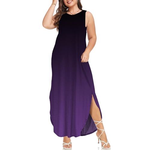 Image of Wolddress Womens 2026 Plus Size Sleeveless Tank Dress Casual Loose Sundress Split Summer Beach Long Maxi Dresses with Pockets