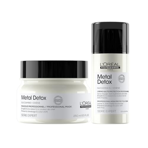 L’Oréal Professionnel, Rutina Con Mascarilla 250 ml y Crema Sin Aclarado 100 ml, Para Cabello Seco, Dañado o Teñido, Color Más Duradero y Brillante, Para Para Pelo Más Fuerte e Hidratado, Metal Detox