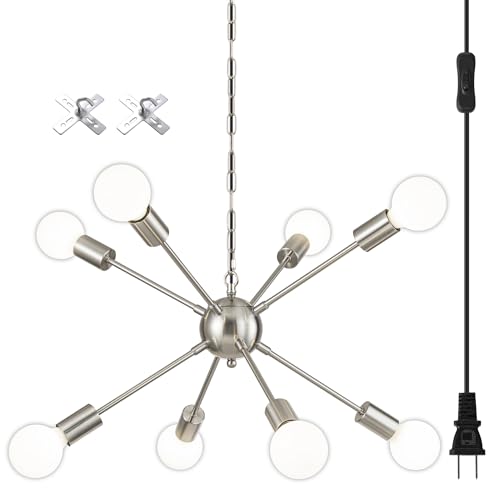 SineRise Plug-in Sputnik Chandeliers Brushed Nickel, 8 Lights Modern Sputnik Lighting Fixture with Adjustable Height for Dining Room, Living Room, Kitchen, Bedroom and Hallway
