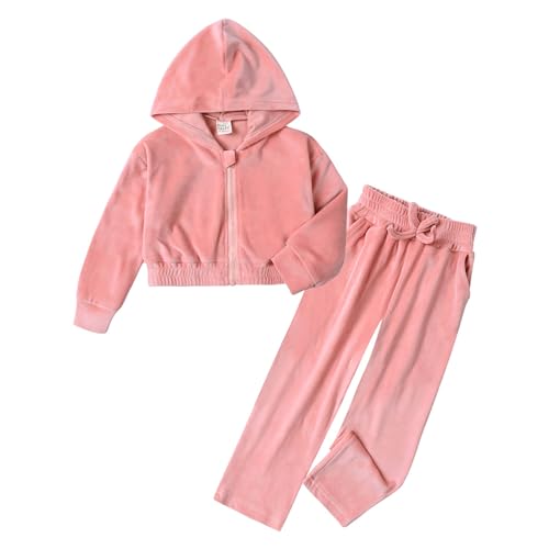 AlkYutd Girls' 2 Pcs Velvet Tracksuits Solid Color Zip Up Hooded Jacket and Wide Leg Sweatpant Pink-130CM-5-6Y