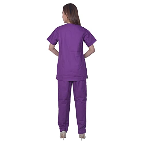 Image of UNISEX V-NECK POLYESTER COTTON MEDICAL SCRUB SUIT FOR DOCTORS (TOP AND BOTTOM) TRIPLE NEEDLE STITCH TOP WITH CHEST POCKET, PURPLE, 40-L.