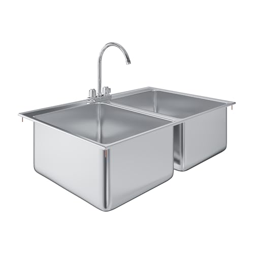 Image of Stainless Steel 2 Compartment Drop-In Sink. Bowl 16 in. x 20 in. x 12 in. With Faucet