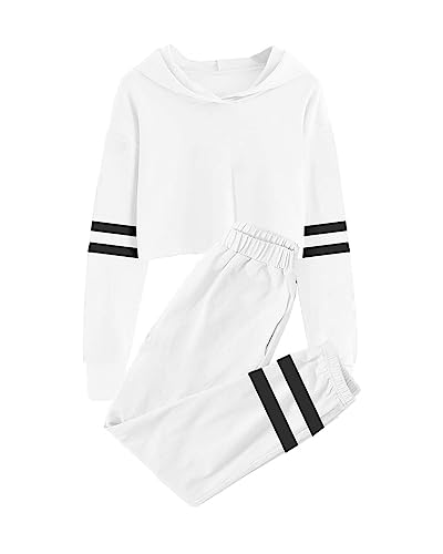 Meikulo Kids Girls Crop Tops Hoodies Long Sleeve Pullover Sweatshirts Sweatpants Jogger Tracksuit Casual Wear 2 Piece Outfits Cute Striped Athletic Sweatsuit White, 13-14 Years #TOP12