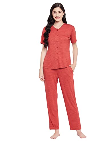Image of Clovia Women's Cotton Button Me Up Shirt & Pyjama Set(ls0625p04 Red XL)