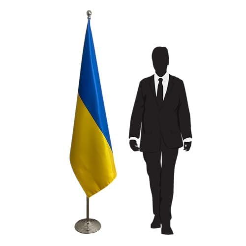Drapeau Ukraine 100x150 cm mât et socle inox argenté intérieur - Code CN1-UA