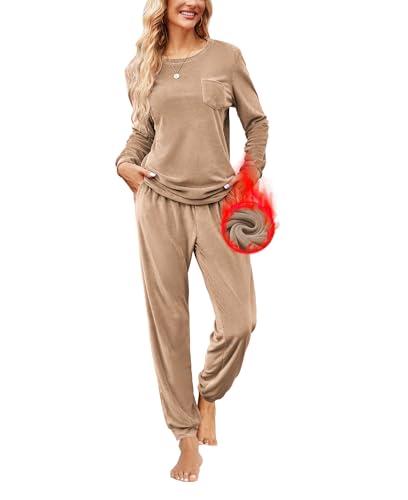 Ekouaer Ensembles de Pyjamas pour Femmes Ensemble de Loisirs en Velours à col Rond Long Ensemble de Pyjama d'hiver Costume de Maison Décontracté Chaud Kaki L