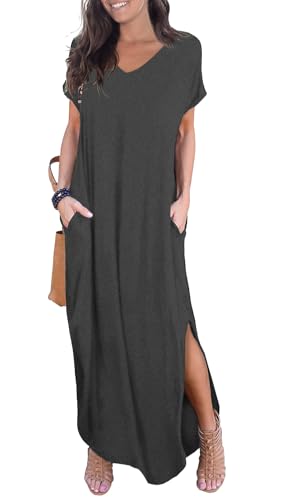Image of GRECERELLE Women's Summer Maxi Dress Casual Loose V Neck Short Sleeve Side Split Long Dresses with Functional Pockets