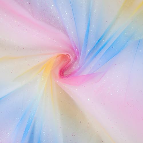 Timgle 10 Yards Rainbow Glitter Tulle 54 in Tulle Fabric Pastel Tulle Mesh Iridescent Girl Fabric for Table Chair Sash Bow Tutu Skirt Sewing Crafting Gift Wrapping Wedding Party Backdrop,30 Ft