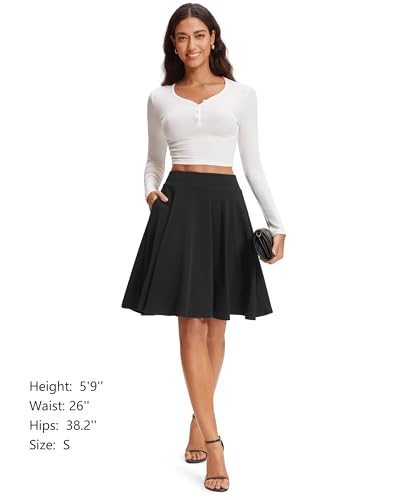 Stelle Women\'s 21\" Knee Length Skirts with Pockets Casual Basic Midi Skirt Stretchy A-Line Skater Flared Pleated (Black,S)