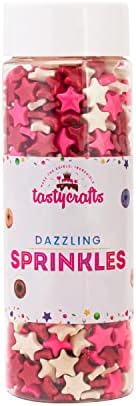 Tastycrafts Edible Star Shaped Sugar Sprinkles for Cake Decoration | Star Candy for Cake Decor | for Cake Decorations & Toppings | for Dessert, Cakes, Cupcakes, Waffles, Cookies (White & Red)