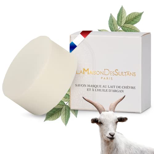 La Maison des Sultans - Savon Masque Lait de Chèvre Bio et Huile d'Argan Bio - Fabriqué en France - Visage et Corps - Nettoie la Peau - Anti-Imperfections - Doux - Ingrédients 99% Naturels - 100g Cover