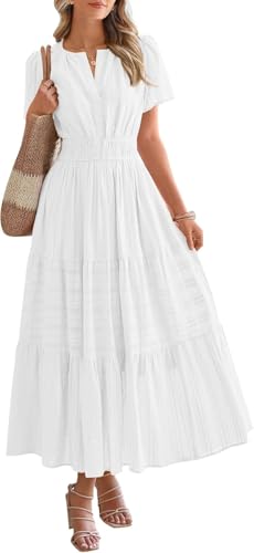 TAOMYTAWomens Summer 2025 Casual Midi Maxi Dresses Lightweight Short Sleeve V Neck Elastic Waist Boho Beach Dress Pockets
