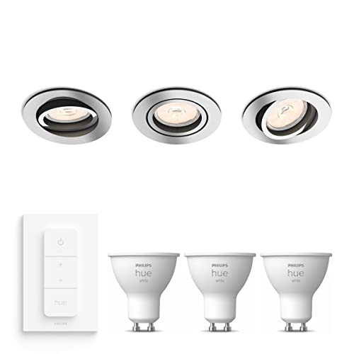 Philips Hue Donegal - Set di 3 faretti da incasso (cromo), rotondi, GU10, luce bianca calda, con interruttore Hue Dimmer - Hue White
