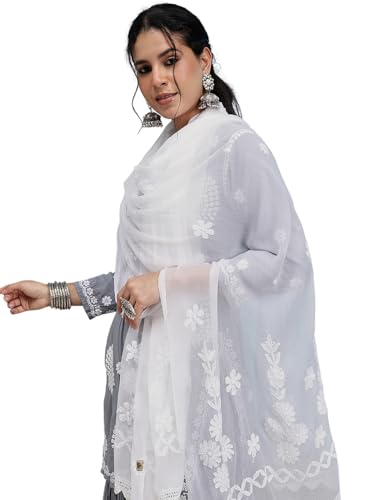 Ada Indian Chikankari Hand Embroidered White Chiffon Dupatta Stole for Women A511182