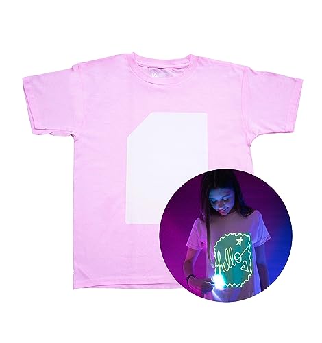 Illuminated Apparel Camiseta original interactiva que brilla en la oscuridad, divertida para fiestas de cumpleaños y festivales, ilumina la noche, Rosa y verde brillante, 3-4 años