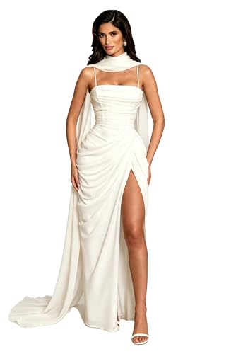 Pleated Chiffon Bridesmaid Dress for Women 2026 with Slit Spaghetti Strap Mermaid Formal Evening Ball Gowns White US8