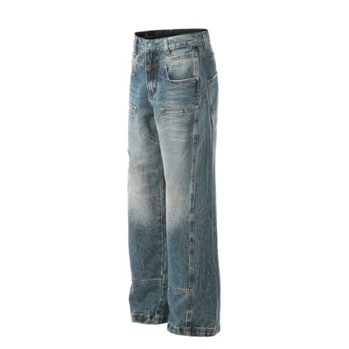 Men’s Ripped Double Knee Jeans, Washed Distressed, Loose Straight Wide Leg Spliced Denim Pants3