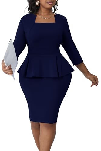 Runwind Plus Size Dresses for Curvy Women Church Business Peplum 3/4 Sleeve Square Neck Midi Sheath Dress Navy Blue 2XL