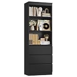 FirFurd Bücherregal mit 3 Schubladen 3 Fächern 180 cm Bücherschrank Vitrinenschrank Büroschrank Hochschrank Mehrzweckschrank für Wohnzimmer Büro Küche 60 x 35 x 180 cm Schwarz