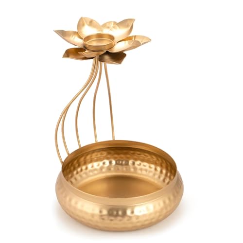 R.K EXPORTS Cuenco decorativo con forma de flor de Diya para decoración del hogar, oficina y mesa, hecho a mano para flores flotantes y velas de té, artículos de decoración Diwali, dorado
