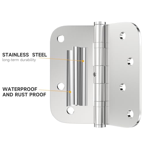 Stainless Steel Door Hinges, 4 Inch Exterior/Interior/Front Door Hinge 5/8'' Radius Corners Door Hinges with Non-Removable Pins Heavy Duty Hinges (3 Pack, Silver)