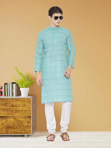 PAROKSH Men's Teal Solid Handloom Cotton Dual Button Straight Khadi Kurta Large2