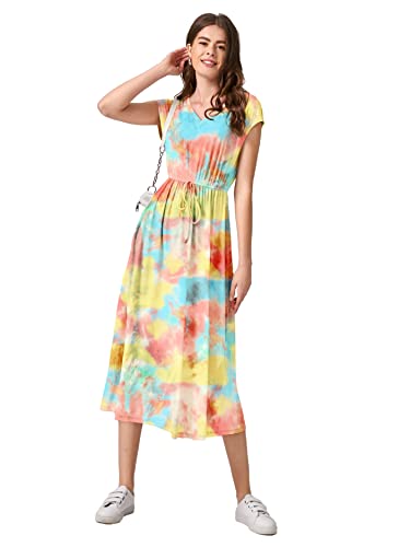 Image of Leriya Fashion Women's Tai-Dye Printed Mesh Rayon Lycra High V-Collar Neck Long Kurti Dresses for Women, A-Line Knee-Length Dress, Midi Western Dress for Women, Short Dress