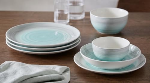 24pc Waterside Grey & Aqua Spinwash Porcelain Dinner Set; 6 Dinner Plates, 6 Side Plates, 6 Soup Bowls & 6 Deep Bowls - Dishwasher & Microwave Safe