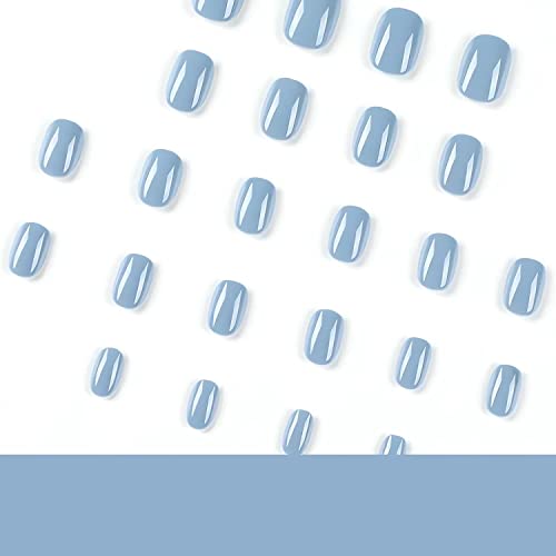 Square Press On Nails Short Square Fake Nails Blue Gray False Nails With Glossy Designs Artificial Full Cover Stick On Nails Glue On Nails For Women Girls Nail Decorations 24Pcs #TOP5