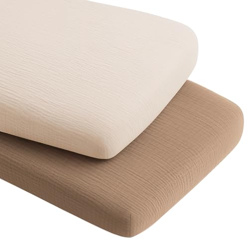 Image of Konssy 2 Pack Muslin Bassinet Sheets for Boys, Girls, 100% Cotton Soft Breathable Fitted Bassinet Mattress Sheet, 33 x 21 inches (Brown,Summer Wheat)