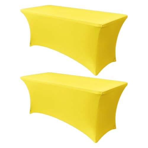 Obstal 4Ft Stretch Spandex Table Cover for Standard Folding Tables - 2 Pack Universal Rectangular Fitted Tablecloth for Party, Banquet, Events, Trade Show (Yellow, 48L x 24W x 30H Inches)