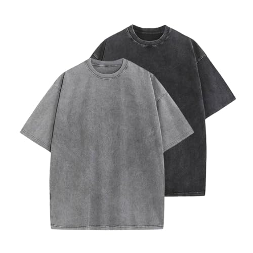 Botong Oversized T-Shirts for Men Vintage Workout T-Shirts Acid Wash Tee Unisex Tops Casual Wear Black+Grey XL