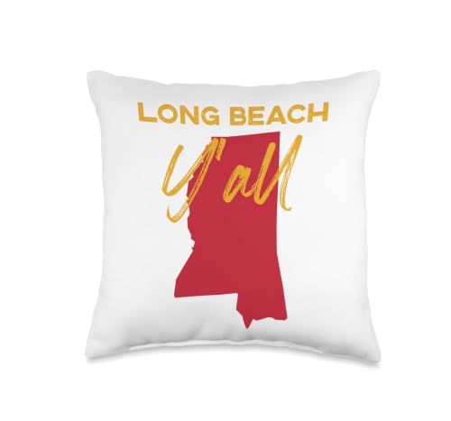 Long Beach Mississippi Y'all MS Pride State Map Cute Throw Pillow
