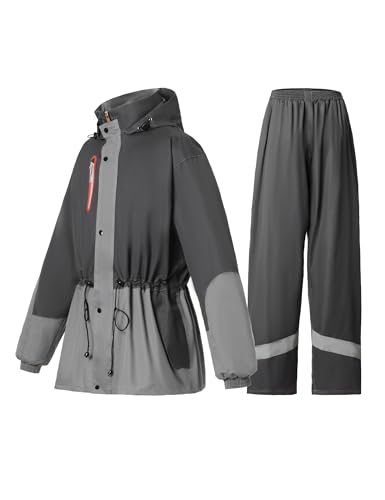 RAINFREEM Rain Suit for Women Waterproof Hooded Rain Gear Rain Jacket and Pants 2 Piece Breathable Rain Coat Outdoor, Grey, X-Large