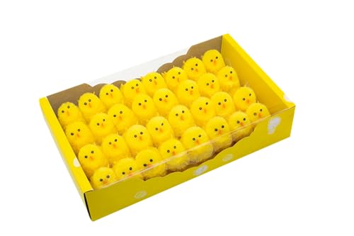 DearSun Pack of 32pcs, 2 inches High Mini Easter Chicks, Fluffy Chenille Little Tiny Chicks, Easter Bonnet Decorations Party Cake Decorations (Yellow)