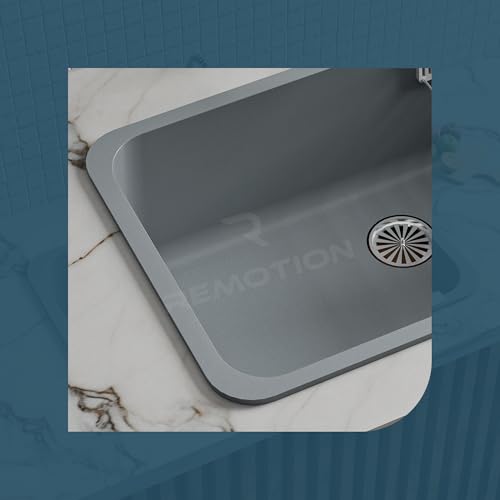 Image of REMOTION Granite Quartz Singke Bowl Kitchen SInk | Matte Finish Kitchen Sink With Drain Board and Drainer Basket | Modern Sink for Kitchen (31 x 19 x 9 Inch) (Grey)