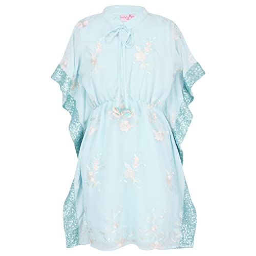 Image of Cutecumber Girls Georgette Floral Embroidered Aqua Kaftan Dress.