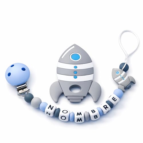 PEQUEANDO Sujetatetinas Cadena Personalizada con Nombre Hecho a Mano en España Regalo para Nacimiento y Baby Shower (Pack 2 Azul)