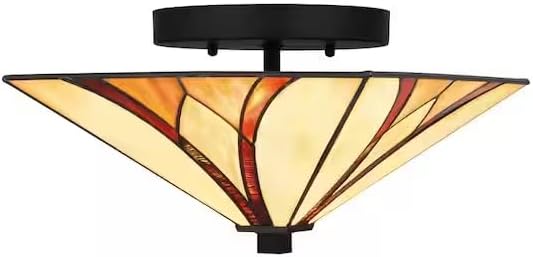 Ceybo Tiffany Style Semi-Flush Mount Piramide Ceiling 2-Light Fixture with Geometric Stained Glass Shade and Matte Black Finish for Home Lighting, SHIL000396