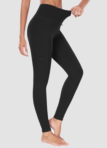 BAYGE Damen Thermo Wander Leggings Winter Hohe Taille Fleece Gefüttert Wasserdicht Blickdicht Bauchkontrolle Slim Fit Wanderhose Yogahose Radlerhose Sporthose Sweathose mit Taschen, Schwarz, L