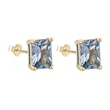 SIMPLÍ BASIC 925 Aquamarine Sterling Silver Earrings for Women Emerald Cut Studs 14K Gold Plated Cubic Zirconia 7mm X 5mm|Hypoallergenic & Nickel Free|Jewellery Gifts for Her,Valentines,Birthday Gifts